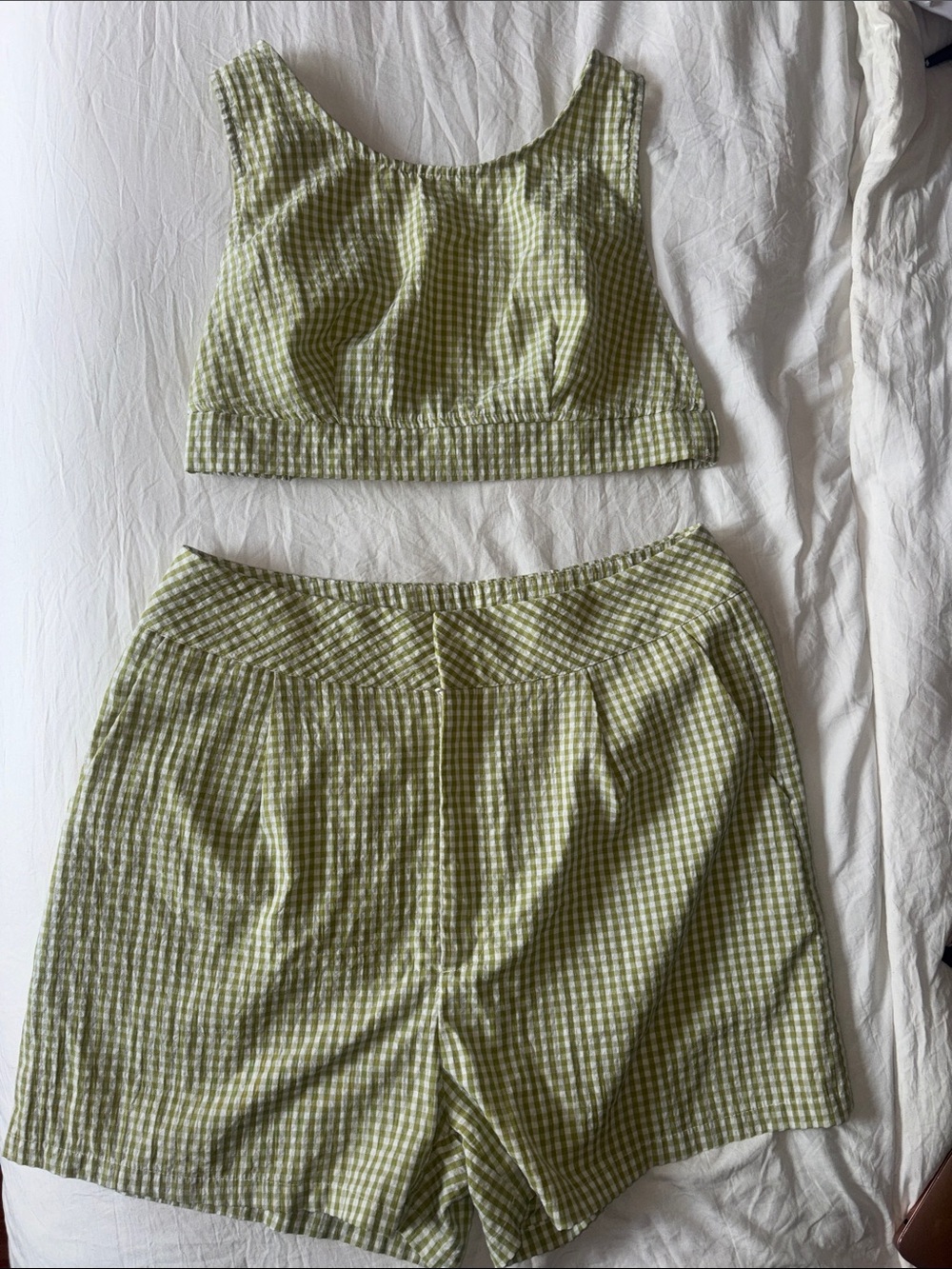Light Green Gingham Top and Shorts - Two-Piece Set